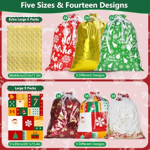 Koncci 34Pcs Christmas Gift Bags, Assorted Sizes Extra Large Medium Small