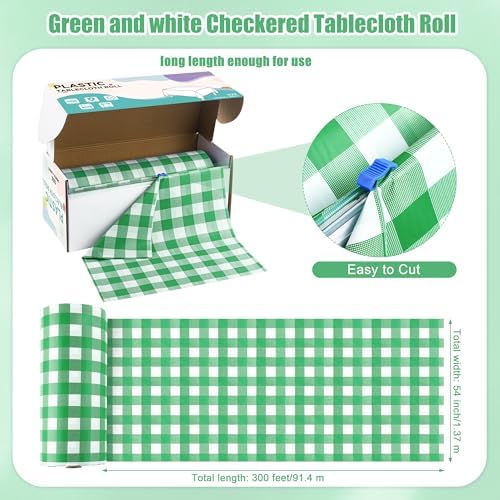 Kochorie 54 Inch x 300 Ft Light Green Checkered Plastic Table Cloth Roll Disposable Waterproof Table Cover Plastic Table Cover Roll with Easy Slide Cutter for Outdoor Picnic/Home Dining/Spring Party