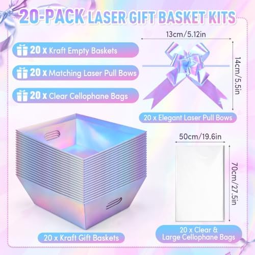 AFOROEOA 20 Pack Iridescent Gift Baskets Empty, 10x8 Thick Paper Basket with 20 Clear Bags and 20 Pull Bows, Holographic Gift Baskets for Bridal Birthday Party Bulk Wrapping