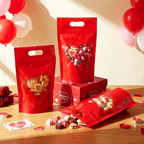 Engrowtic 100 Pcs Red Heart Treat Bags Resealable Red Zipper Bag with Heart Shaped Windows Plastic Gift Goodie Bags with Handles for Wedding Party Favor Supplies