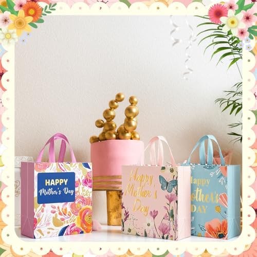 Wesnoy 48 Pcs Happy Mother's Day Tote Gift Bags with Handles Bulk Floral Non Woven Mom Candy Bags Reusable for Gift Wrapping Happy Mother's Day Goody Shopping Party Favor, 11.4 x 10.6 x 4.7 Inch