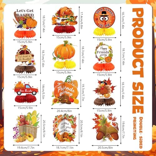 12 Pcs Thanksgiving Party Decoration Friendsgiving Honeycomb Centerpiece Happy Friendsgiving Table Decoration Fall Pumpkin Turkey Gobble Till You Wobble Thanksgiving Table Topper for Party Supplies