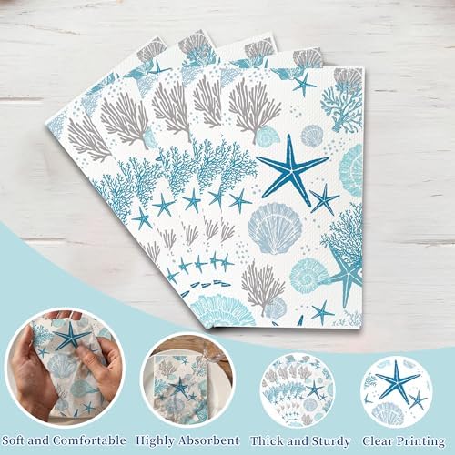 200 Pcs Coastal Beach Paper Napkins Disposable Hand Towels Blue Starfish Seashell Coral Nautical Ocean Guest Napkins for Bathroom Wedding Summer Guest Napkin Party Decor