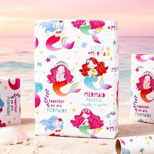 MAYPLUSS Girl Gift Wrapping Paper, 17in x 16.5ft Mermaid Gift Wrap