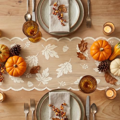 Artoid Mode Beige Lace Jacquard Maple Leaf Fall Table Runner, Seasonal Thanksgiving Orange Kitchen Dining Table Decoration for Home Party Decor 13x72 Inch