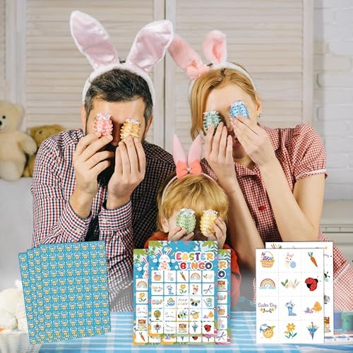 24 Pack Easter Bingo Game Cards - Spring Egg Hunt Party Activities for Adults & Family, 5x7 Inch Premium Cardstock, Bunny & Easter Egg Themed Party Supplies - Includes Caller & Player Chips