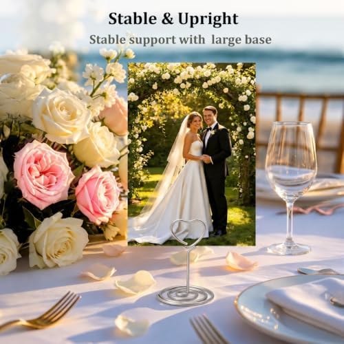 Jofefe 20pcs Mini Place Card Holder, Table Number Holders, Table Card Holders, Table Number Stands, Wire Table Picture Photo Holder Menu Clips for Wedding Favors with Heart Shaped (Silver)
