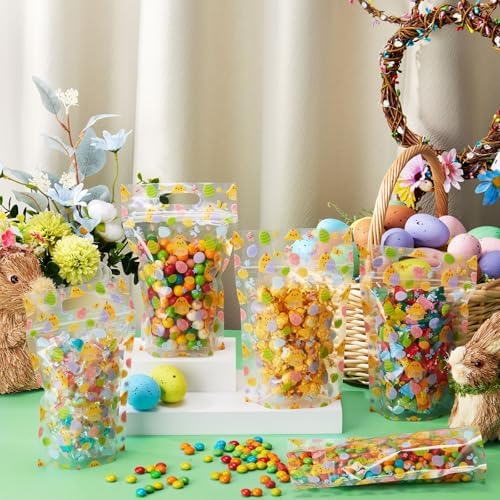 Engrowtic 50 Pcs Easter Treat Bags Reusable Easter Egg Zipper Bags Plastic Goodie Gift Bag Holiday Bag with Handles for Spring Party Favor Wrapping Supplies