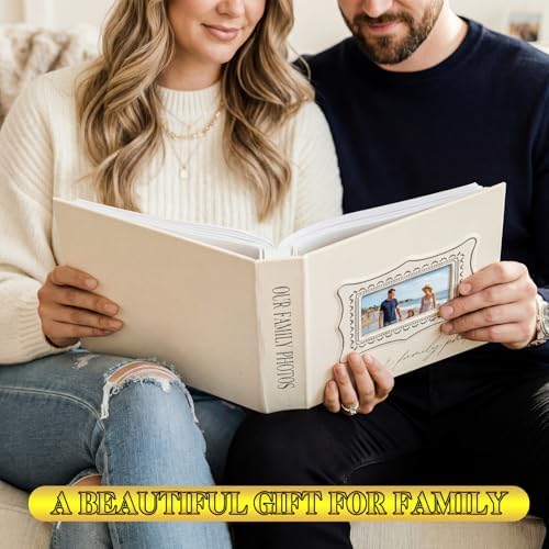 Dunzoom Our Family Photo Album 200 Pcs 4x6 Inch Leather Wedding Anniversary Album with Front Window Double Heart Design Couple Gifts