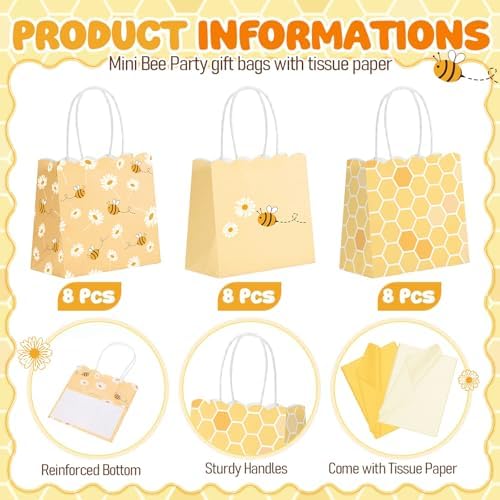 Silkfly 24 Pack Mini Bee Party Gift Bags Bulk with Tissue Paper 5x5x3 Inch