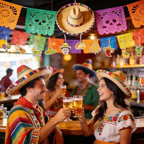 36PCS Wooden Cinco De Mayo Crafts Decorations Mexico Crafts for Kids Fiesta Party Ornaments to Paint, 12 Styles DIY Blank Unfinished Cutouts for Tree Hanging Mexican Theme Carnival Taco Birthday Party