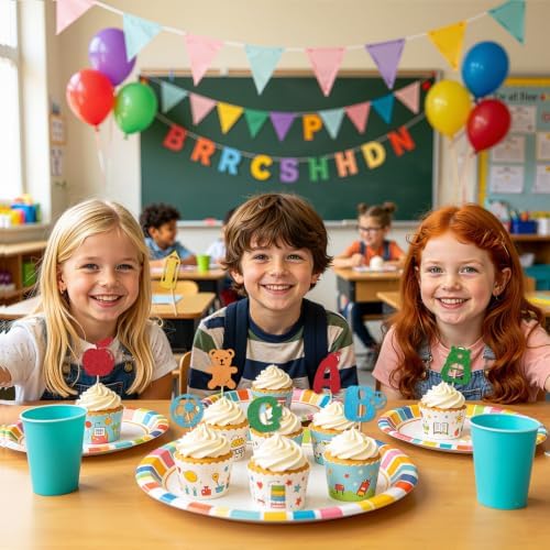 24Pcs Back to School Cupcake Toppers, Glitter First Day School Cake Decor