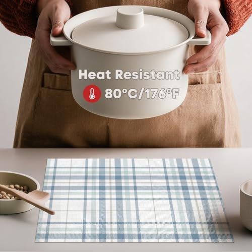 Artoid Mode Buffalo Plaid Vinyl Placemats Set of 4, 12x18 Inch Washable Non-Slip Heat Resistant Plastic Place Mats for Party Dining Table, White/Blue