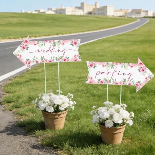 8 Pcs 17 × 8.5" Wedding This Way Directional Parking Signs Road with Stakes Large Double Sided Direction Printed Ceremony Reception Lawn Yard Arrow Sign Exquisite Plastic Rainproof (Pink Rose)