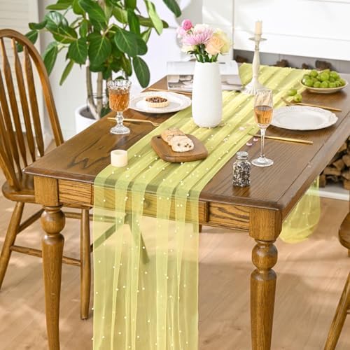 Artoid Mode Pearl Yellow Gauze Table Runner 10FT Home Decor