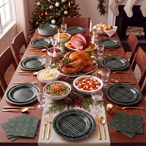 Yungyan 150 Pcs Dark Green Tartan Plates Napkins Dark Green Serves 50