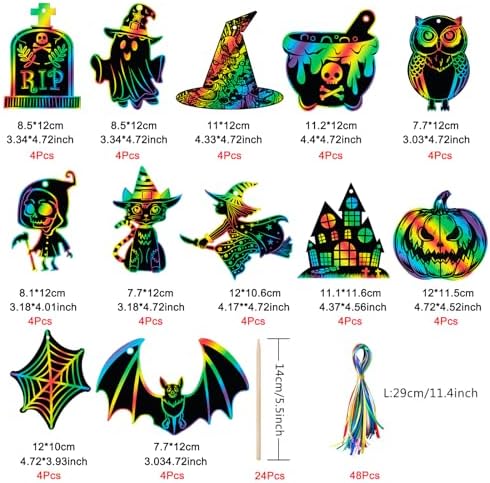 48 Pcs Halloween Scratch Art Crafts for Kids, Rainbow Scratch Art Cards Kit