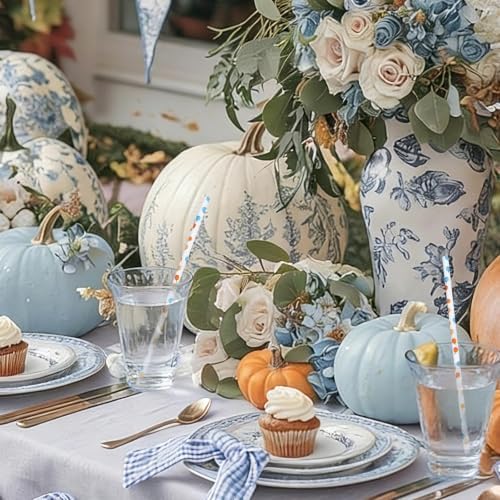 Whaline 200Pcs Fall Paper Straws Blue Orange Pumpkin Disposable Straws Little Pumpkin Baby Shower Drinking Straw for Autumn Harvest Thanksgiving Halloween Party Supplies