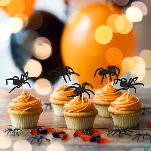 Ercadio 32Pcs Glitter Black Spiders Cupcake Topper Halloween Spider Cupcake Picks Horrible Animal Food Picks for Halloween Spider Birthday Cupcake Decoration Halloween Party Supplies