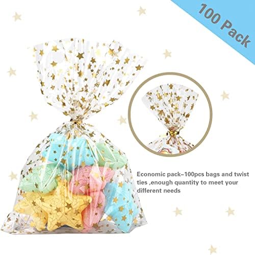 COQOFA 200 Pcs Star Printed 5"X7" Gift Wrap Cello Cellophane Clear Candy Cookie Treat Bags Plastic Poly Goodie Storage Bags with Twist Ties for Bakery, Birthday, Wedding, Party