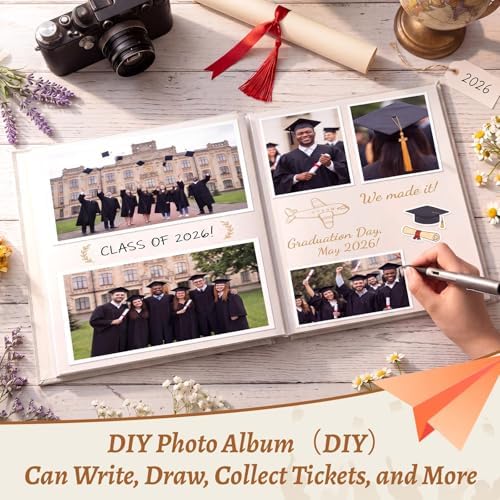 Fumete Beige Class of 2026 Graduation Album Self Adhesive Photo Scrapbook 40 Pages 11.5 x 10.5 Inch Linen Memory Book with Cover Display Window DIY Album for School College Graduate Party Gift