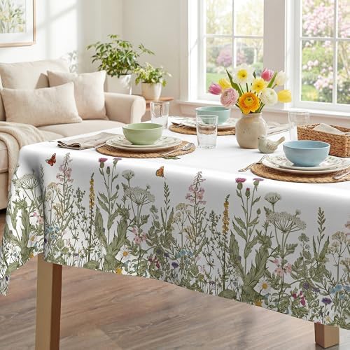 Spring Tablecloth 60x140 Inch, Spring Wild Flowers Floral Decorations for Home Table Cloth Rectangle Decor Summer Leaves Tablecloths Polyester for Picnic Party Dinner