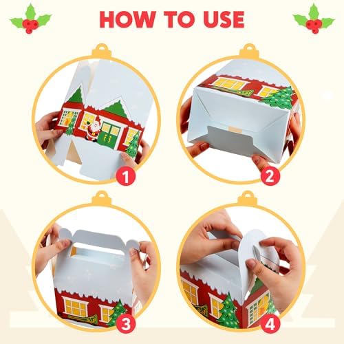 JOYIN 24 PCS 3D Christmas House Cardboard Treat Boxes for Holiday Xmas Goody Gift, Goodie Paper Boxes, School Classroom Party Favor Supplies, 4 Designs Candy Treat Cardboard Cookie Boxes