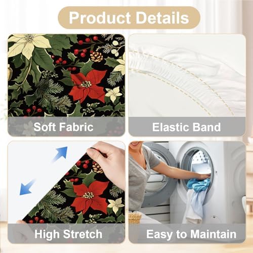 Christmas Chair Covers for Dining Room – Festive Holiday Floral Print Slipcovers with Red Poinsettia, Pinecones & Holly – Stretch Washable Dining Chair Protector for Winter Decor, Parties