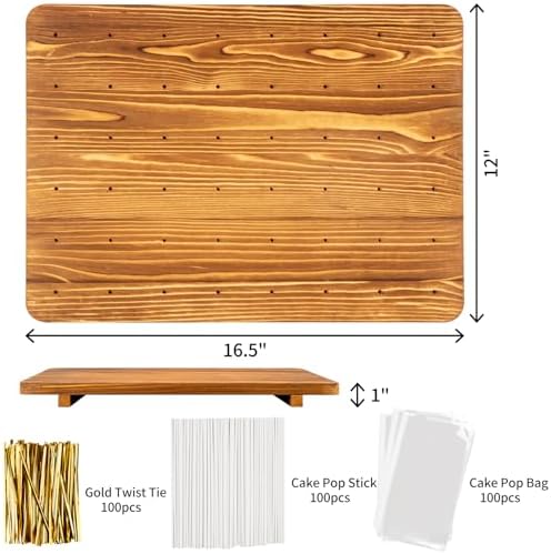 48-Hole Wooden Cake Pop Stand for Drying/Display ，300 Accessories（Cake Pop Bag x100，Gold Twist Tie x100，Cake Pop Stick x100）- Dessert Table Holder for Birthdays, Baby Shower, Weddings