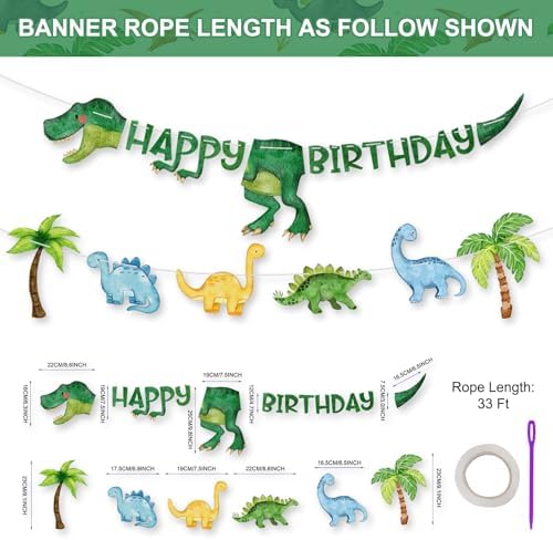 Dinosaur Birthday Decorations Banner - DIY Paper Happy Birthday Banners, Green Animal Dino Bday Sign Garland Backdrop for Dinosaur Themed Indoor Outdoor Home Birthday Party Decor Supplies Favors Props