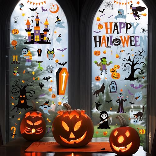 116PCS Halloween Window Clings, 9 Sheets Halloween Decorations, Cute Witch Tree Zombie Ghost Patterns PVC Window Stickers for Treat or Trick Party Favors Decal Supplies Decor Accessories