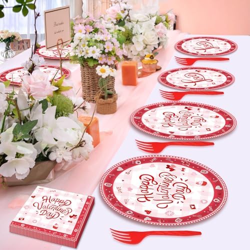 96 Pieces Valentine’s Day Tableware Set – Red and White Disposable Plates, Napkins, and Forks with Heart Balloons Designs for Romantic Dinners, Weddings, and Love-Themed Parties – Serves 24