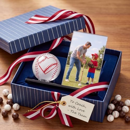 Colingmill Red Heart Baseball Dad Gifts Picture Frame and Baseball Display Case Set Ball and Card Holder for Dad Husband Boyfriend Home Office Table Decoration