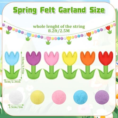 Jansun 8.2 FT 3D Spring Colorful Tulip Floral Felt Pre-Strung Garland