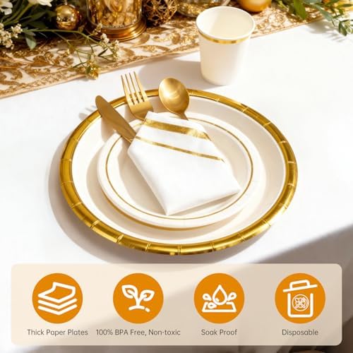 AIRE Gold White Paper Plates Set, 350PCS Disposable Tableware for 50