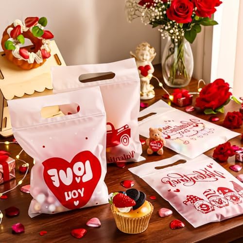 Valentines Cellophane Gift Bags, 40 PCS Valentines Treat Bags, Plastic Valentine Candy Cookies Snacks Goodies Sealing Bag with Handles for Valentine's Day Kids Party Favor Supplies Classroom Exchange