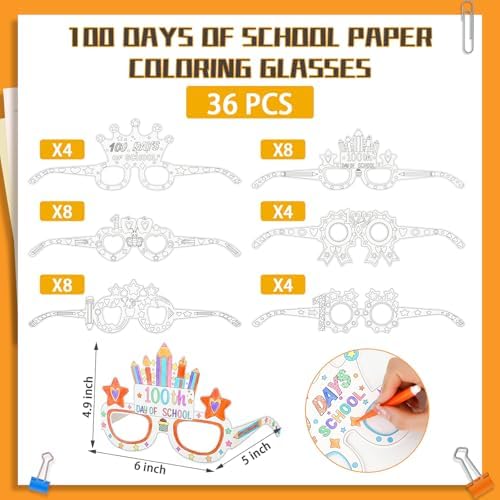 36Pcs 100 Days of School Coloring Glasses 100th Day of School Craft Art Kit