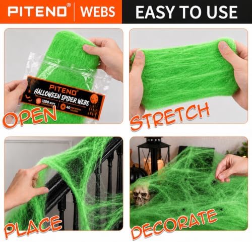 Piteno® 1200 sqft Spider Webs Halloween Decorations with 40 Fake Spiders, Stretchable Halloween Spider Webs for Indoor Outdoor Haunted House Yard Porch Party Decor (Green)