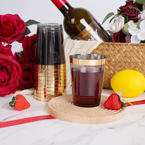 supernal 200 Pack 10 oz Gold Rimmed Black and Gold Plastic Cups for Party
