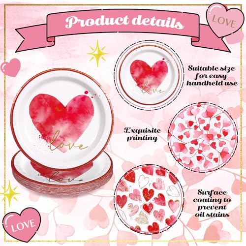 100 Pcs Valentine‘s Day Paper Plates 9 Inches Disposable Round Heart Plates for Valentine‘s Day Party Table Decor