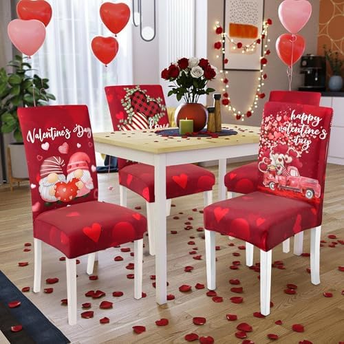 Valentines Day Chair Covers Set of 4, Valentines Decorations Stretch Removable Washable Dining Room Love Hearts Gnome Chair Protector Slipcovers Party Kitchen Home Valentine Decor (Valentine 2, 4 PCS)