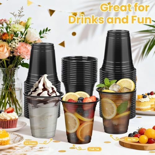 50 Pcs Clear Black Plastic Cups, 12 oz Disposable Cups for Party