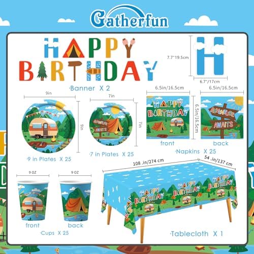 Happy Camper Birthday & Camping Party Decorations Set - Serves 25 with Disposable Plates, Cups, Napkins, Tablecloth & Banner, 1st Birthday, Camping Themed Events & Wedding Parties