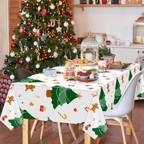 Hxezoc Disposable Plastic Christmas Tree Tablecloth, 54 x 108 Inches Christmas Party Table Cover for Xmas Winter Holiday New Year Home Dinner Decorations