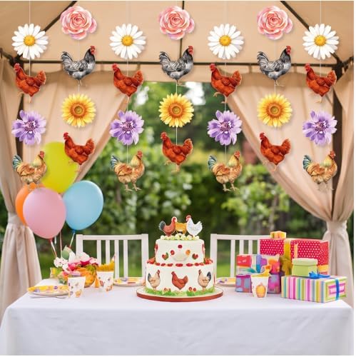 Xinnun 8 Pcs Chicken and Daisy Birthday Decorations Floral Hen Garlands