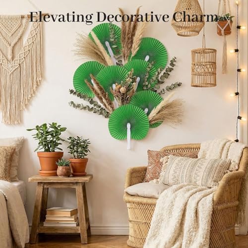 JOHOUSE Decorative Round Hand Fan Foldable, 12 Packs Green Paper Fans