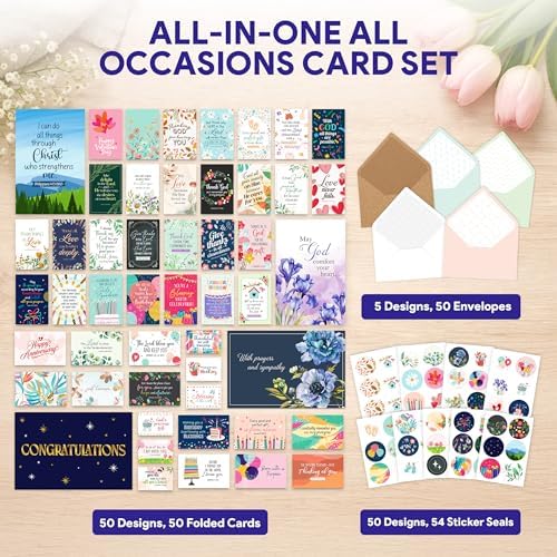 Decorably Christian Greeting Cards Assortment Box, 50 Pack, All Occasion