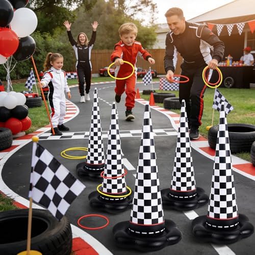 5 Pack Inflatable Race Car Ring Toss Game, Birthday Party Games for Kids