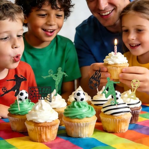 24Pcs Soccer Cuocake Toppers, Glitter Soccer Ball Party Cake Decorations