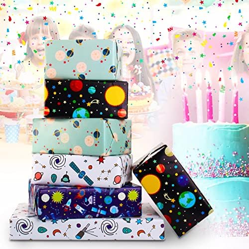 Space Wrapping Paper Birthday Wrapping Paper for Boys Girls,Gift Wrapping Paper Kids with Blue White Navy Birthday Paper for Present Wrapping Paper Sheets with Galaxy Spaceship Birthday Gift Wrap Set (6 Sheets 28"Lx20"W per Sheet)